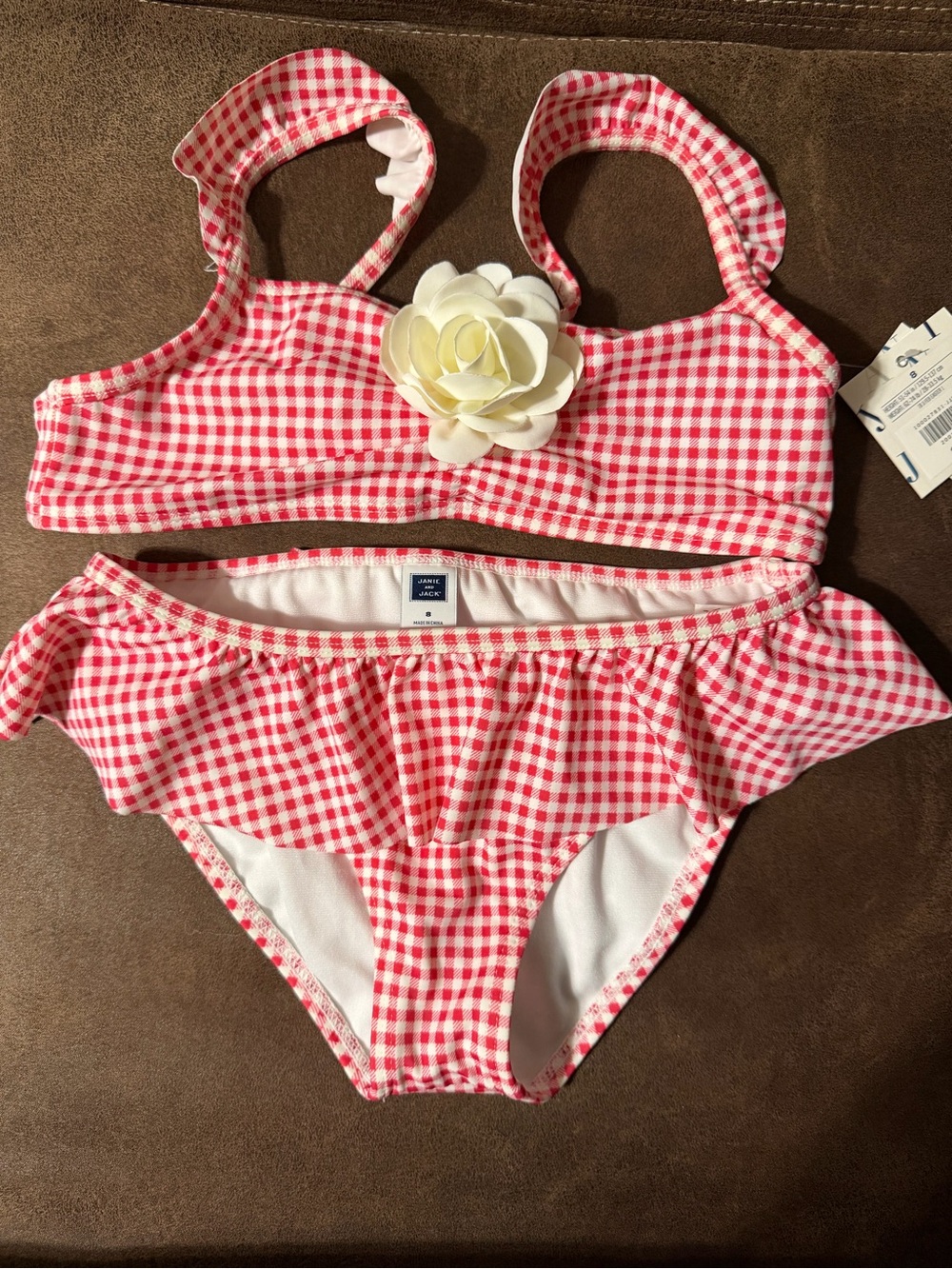 NWT Janie and Jack Pink Gingham Two-Piece Swim Set with Flower Accent